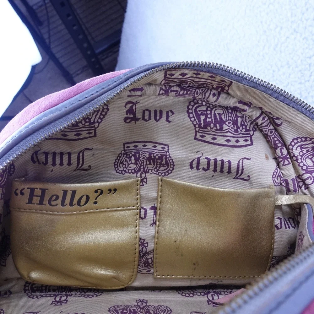 Juicy Couture Velour Bowler Bag Purple Grey Leather Trim Vintage Y2K Crest